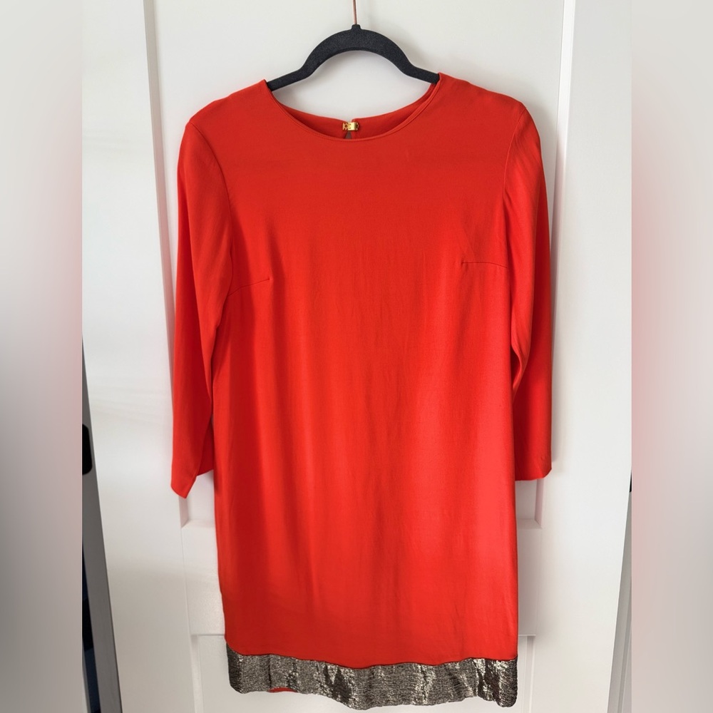 SANDRO Orange-Red Shift Dress with Gold Beaded Embellished Hem in Size 1